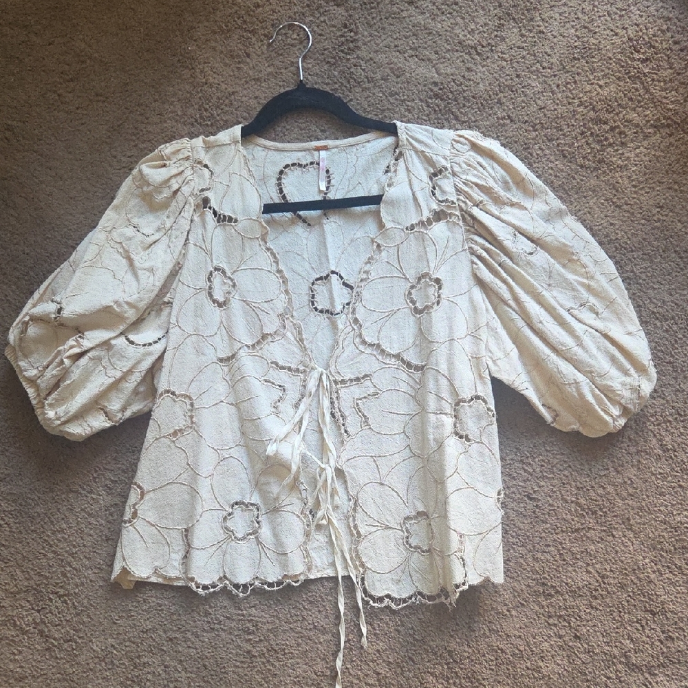 Free People June Embroidered Puff Sleeve Women's Top